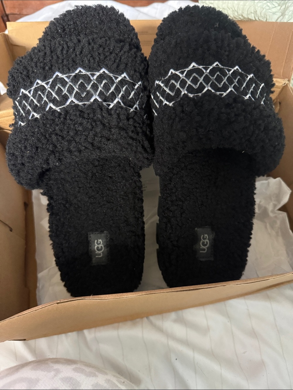 UGG Women’s Black Sherpa Slide Slippers with White Stitch Detail